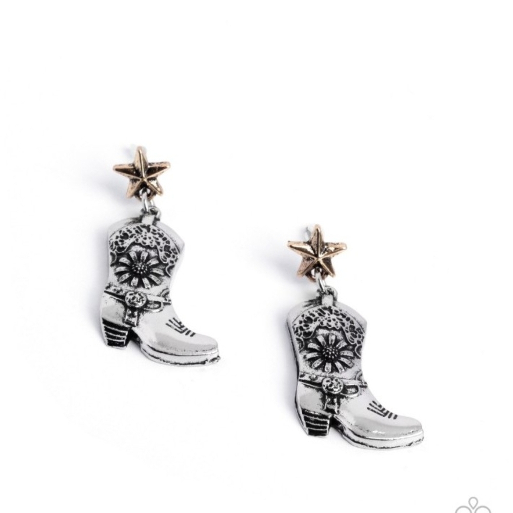 Paparazzi Silver and Gold Boot Earrings Swing Dancing Sass Multi Post Fashion
